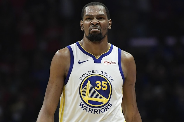 Golden State Warriors forward Kevin Durant scowls after scoring during the second half in Game 6 of a first-round NBA basketball playoff series against the Los Angeles Clippers Friday, April 26, 2019, in Los Angeles. The Warriors won 129-110. (AP Photo/Mark J. Terrill)