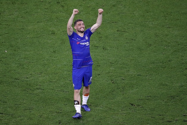 Chelsea's Mateo Kovacic celebrates after his team's 4-1 win in the Europa League Final soccer match between Chelsea and Arsenal at the Olympic stadium in Baku, Azerbaijan, Wednesday, May 29, 2019. (AP Photo/Dmitri Lovetsky)