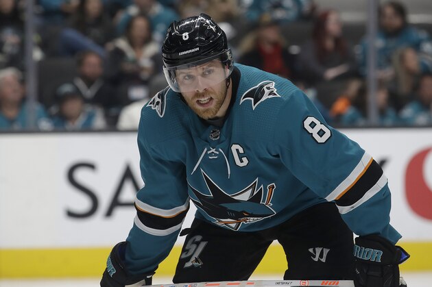 San Jose Sharks center Joe Pavelski (8) against the Chicago Blackhawks during an NHL hockey game in San Jose, Calif., Sunday, March 3, 2019. (AP Photo/Jeff Chiu)