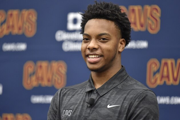 INDEPENDENCE, OH  - JUNE 21:  2019 NBA Cleveland Cavaliers Draftee Darius Garland speaks with the media during a press conference on June 21, 2019 at Cleveland Clinic Courts in Independence, Ohio. NOTE TO USER: User expressly acknowledges and agrees that, by downloading and/or using this photograph, user is consenting to the terms and conditions of the Getty Images License Agreement. Mandatory Copyright Notice: Copyright 2019 NBAE (Photo by David Liam Kyle/NBAE via Getty Images)