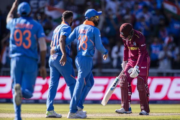 MANCHESTER, ENGLAND - JUNE 27: Shimron Hetmyer of West Indies despairs after losing his wicket during the Group Stage match of the ICC Cricket World Cup 2019 between West Indies and India at Old Trafford on June 27, 2019 in Manchester, England. (Photo by Andy Kearns/Getty Images)