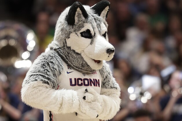 The Connecticut mascot performs during the second half of a women's Final Four NCAA college basketball semifinal tournament game against Notre Dame, Friday, April 5, 2019, in Tampa, Fla. (AP Photo/John Raoux)
