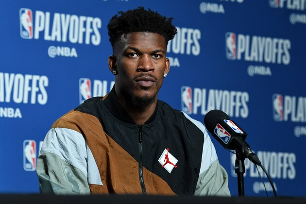 TORONTO, CANADA - MAY 12:  Jimmy Butler #23 of the Philadelphia 76ers speaks with the media after Game Seven of the Eastern Conference Semi-Finals of the 2019 NBA Playoffs against the Toronto Raptors on May 12, 2019 at the Scotiabank Arena in Toronto, Ontario, Canada.  NOTE TO USER: User expressly acknowledges and agrees that, by downloading and or using this Photograph, user is consenting to the terms and conditions of the Getty Images License Agreement.  Mandatory Copyright Notice: Copyright 2019 NBAE (Photo by Ron Turenne/NBAE via Getty Images)