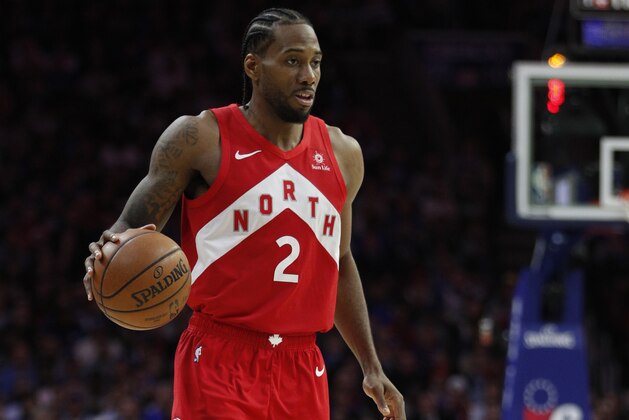Toronto Raptors' Kawhi Leonard in action during the second half of Game 6 of a second-round NBA basketball playoff series against the Philadelphia 76ers, Thursday, May 9, 2019, in Philadelphia. 76ers won 112-101. (AP Photo/Chris Szagola)