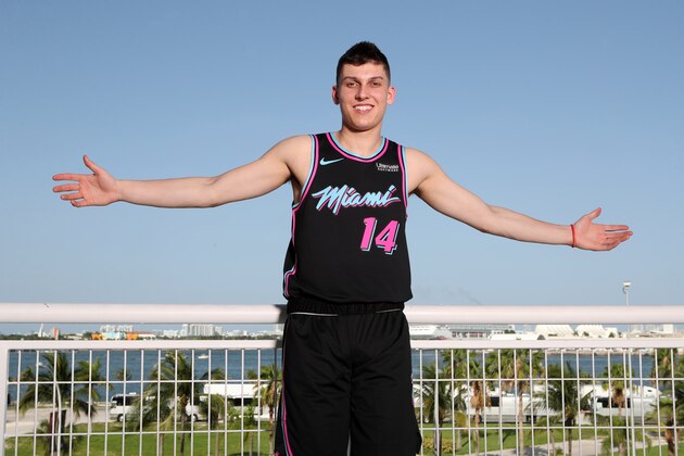 MIAMI, FL - JUNE 21: Tyler Herro #14 of the Miami Heat poses for a portrait on June 21, 2019 at American Airlines Arena in Miami, Florida. NOTE TO USER: User expressly acknowledges and agrees that, by downloading and/or using this photograph, user is consenting to the terms and conditions of the Getty Images License Agreement. Mandatory Copyright Notice: Copyright 2019 NBAE (Photo by Issac Baldizon/NBAE via Getty Images)