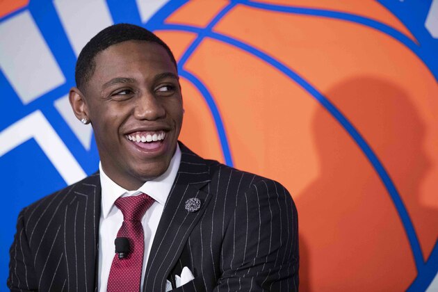 New York Knicks NBA basketball draft pick RJ Barrett speaks to reporters during a news conference, Friday, June 21, 2019, at Madison Square Garden in New York. (AP Photo/Mary Altaffer)