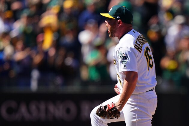 OAKLAND, CA - JUNE 22: Liam Hendriks #16 of the Oakland Athletics reacts to getting the save and beating the Tampa Bay Rays at Oakland-Alameda County Coliseum on June 22, 2019 in Oakland, California. (Photo by Daniel Shirey/Getty Images)