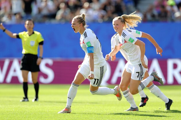 GRENOBLE, FRANCE - JUNE 22: Alexandra Popp of Germany celebrates after scoring her team's first goal during the 2019 FIFA Women's World Cup France Round Of 16 match between Germany and Nigeria at Stade des Alpes on June 22, 2019 in Grenoble, France. (Photo by Elsa/Getty Images)