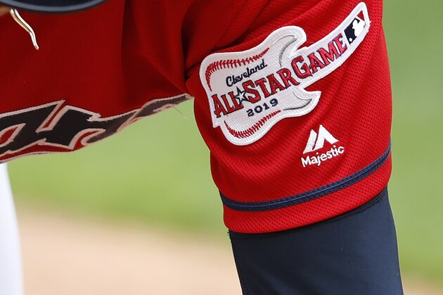 CLEVELAND, OH - APRIL 20: Detailed view of the 2019 Major League Baseball All Star Game logo on a player's jersey during game one of a doubleheader between the Atlanta Braves and Cleveland Indians at Progressive Field on April 20, 2019 in Cleveland, Ohio. (Photo by Joe Robbins/Getty Images)