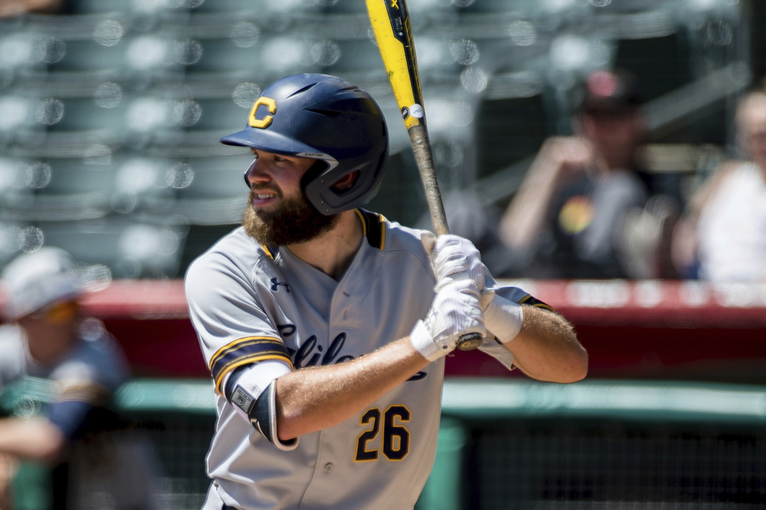 California third baseman Quentin Selma bats during an NCAA college baseball game between the University of California and the University of Utah, Friday, May 5, 2019, in Salt Lake City. (AP Photo/Tyler Tate)
