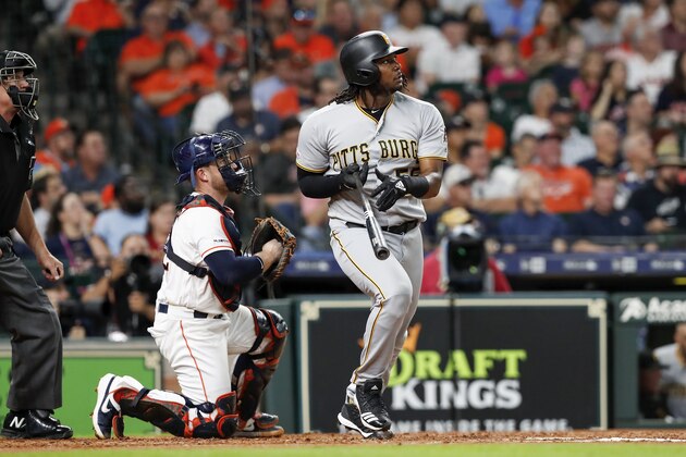 HOUSTON, TX - JUNE 27:  Josh Bell #55 of the Pittsburgh Pirates hits a two-run home run in the third inning against the Houston Astros at Minute Maid Park on June 27, 2019 in Houston, Texas.  (Photo by Tim Warner/Getty Images)