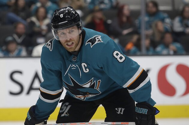 San Jose Sharks center Joe Pavelski (8) against the Chicago Blackhawks during an NHL hockey game in San Jose, Calif., Sunday, March 3, 2019. (AP Photo/Jeff Chiu)