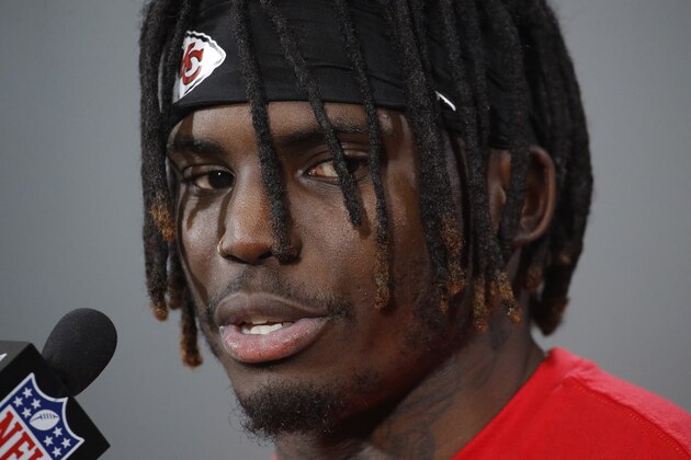 Kansas City Chiefs wide receiver Tyreek Hill talks to the media after a workout Friday, Jan. 18, 2019, in Kansas City, Mo. The Chiefs host the New England Patriots in the NFL 's AFC football championship game on Sunday. (AP Photo/Charlie Riedel)