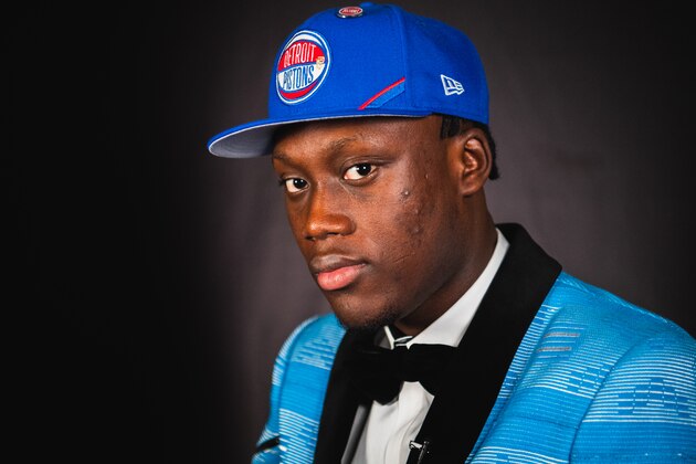 AUBURN HILLS, MI - JUNE 21: Sekou Doumbouya of the Detroit Pistons poses for a portrait on June 21, 2019 at Detroit Pistons Practice Facility in Auburn Hills, Michigan. NOTE TO USER: User expressly acknowledges and agrees that, by downloading and or using this photograph, User is consenting to the terms and conditions of the Getty Images License Agreement. Mandatory Copyright Notice: Copyright 2019 NBAE (Photo by Chris Schwegler/NBAE via Getty Images)
