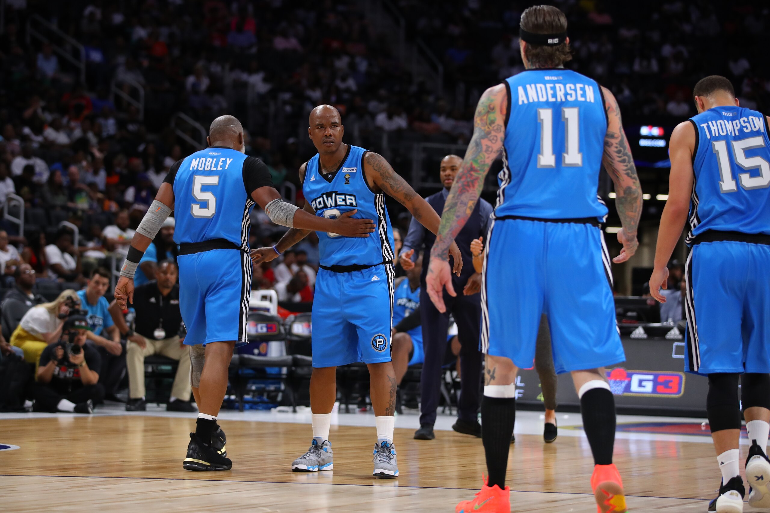 DETROIT, MI - JUNE 22: Quentin Richardson #3 of Power and Cuttino Mobley #5 of Power during a timeout during week one of the BIG3 three on three basketball league at Little Caesars Arena on June 22, 2019 in Detroit, Michigan. (Photo by Gregory Shamus/Big3/Getty Images)
