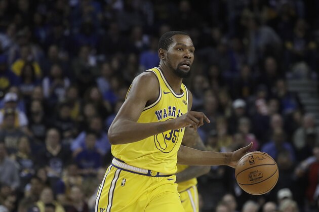 Golden State Warriors forward Kevin Durant (35) against the Denver Nuggets during an NBA basketball game in Oakland, Calif., Tuesday, April 2, 2019. (AP Photo/Jeff Chiu)
