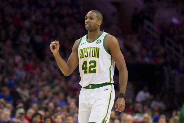 PHILADELPHIA, PA - MARCH 20: Al Horford #42 of the Boston Celtics reacts against the Philadelphia 76ers at the Wells Fargo Center on March 20, 2019 in Philadelphia, Pennsylvania. NOTE TO USER: User expressly acknowledges and agrees that, by downloading and or using this photograph, User is consenting to the terms and conditions of the Getty Images License Agreement.(Photo by Mitchell Leff/Getty Images)