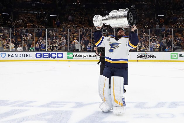 BOSTON, MASSACHUSETTS - JUNE 12: Jake Allen #34 of the St. Louis Blues holds the Stanley Cup following the Blues victory over the Boston Bruins at TD Garden on June 12, 2019 in Boston, Massachusetts. (Photo by Bruce Bennett/Getty Images)