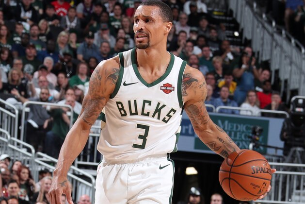MILWAUKEE, WI - MAY 23: George Hill #3 of the Milwaukee Bucks handles the ball against the Toronto Raptors during Game Five of the Eastern Conference Finals of the 2019 NBA Playoffs on May 23, 2019 at the Fiserv Forum Center in Milwaukee, Wisconsin. NOTE TO USER: User expressly acknowledges and agrees that, by downloading and or using this Photograph, user is consenting to the terms and conditions of the Getty Images License Agreement. Mandatory Copyright Notice: Copyright 2019 NBAE (Photo by Nathaniel S. Butler/NBAE via Getty Images).