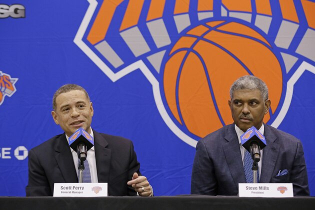 GREENBURG, NY - JULY 17:  New York Knicks team President, Steve Mills and Jeff Hornacek of the New York Knicks introduce General Manager Scott Perry at a pess conference at the at Knicks Practice Center July 17, 2017 in Greenburg, New York. NOTE TO USER: User expressly acknowledges and agrees that, by downloading and/or using this photograph, user is consenting to the terms and conditions of the Getty Images License Agreement.  Mandatory Copyright Notice: Copyright 2017 NBAE (Photo by Steven Freeman/NBAE via Getty Images)
