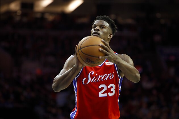 Philadelphia 76ers' Jimmy Butler in action during an NBA basketball game against the Sacramento Kings, Friday, March 15, 2019, in Philadelphia. (AP Photo/Matt Slocum)