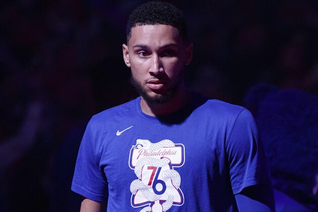 Philadelphia 76ers' Ben Simmons, of Australia, looks on prior to the first half in Game 2 of a first-round NBA basketball playoff series against the Brooklyn Nets, Monday, April 15, 2019, in Philadelphia. 76ers won 145-123. (AP Photo/Chris Szagola)