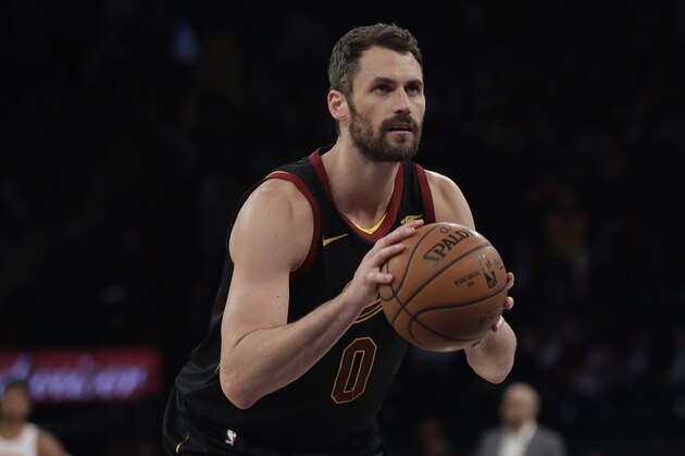 Cleveland Cavaliers' Kevin Love during the second half of an NBA basketball game against the New York Knicks Thursday, Feb. 28, 2019, in New York. The Cavaliers won 125-118. (AP Photo/Frank Franklin II)