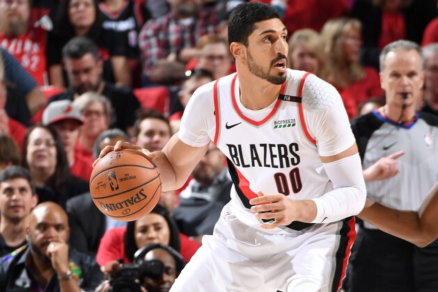 PORTLAND, OR - MAY 20: Enes Kanter #00 of the Portland Trail Blazers handles the ball against the Golden State Warriors during Game Four of the Western Conference Finals on May 20, 2019 at the Moda Center in Portland, Oregon. NOTE TO USER: User expressly acknowledges and agrees that, by downloading and/or using this photograph, user is consenting to the terms and conditions of the Getty Images License Agreement. Mandatory Copyright Notice: Copyright 2019 NBAE (Photo by Andrew D. Bernstein/NBAE via Getty Images)