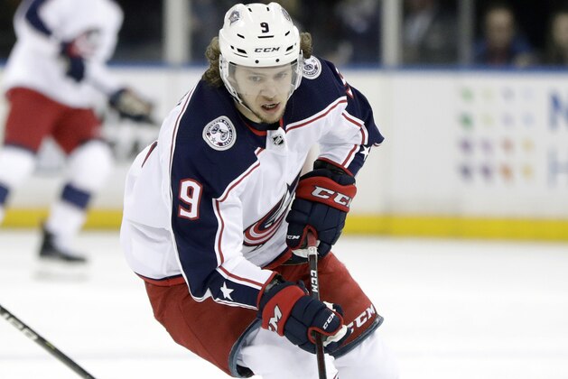 FILE - In this April 5, 2019, file photo, Columbus Blue Jackets left wing Artemi Panarin (9), of Russia, skates with the puck against New York Rangers during the first period of an NHL hockey game in New York. The 27-year-old Panarin is regarded as the top player available in free agency. (AP Photo/Julio Cortez, File)