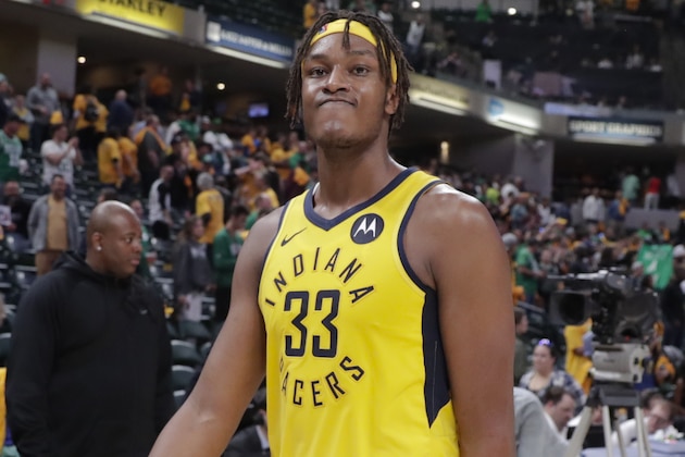 Indiana Pacers center Myles Turner (33) walks off the court following Game 4 of an NBA basketball first-round playoff series against the Boston Celtics in Indianapolis, Sunday, April 21, 2019. The Celtics defeated the Pacers 110-106 to win the series 4-0. (AP Photo/Michael Conroy)