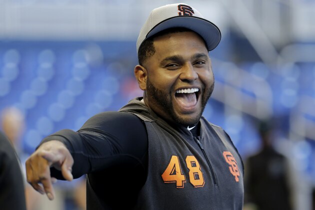 San Francisco Giants' Pablo Sandoval (48) takes batting practice before a baseball game against the Miami Marlins, Tuesday, May 28, 2019, in Miami. (AP Photo/Lynne Sladky)