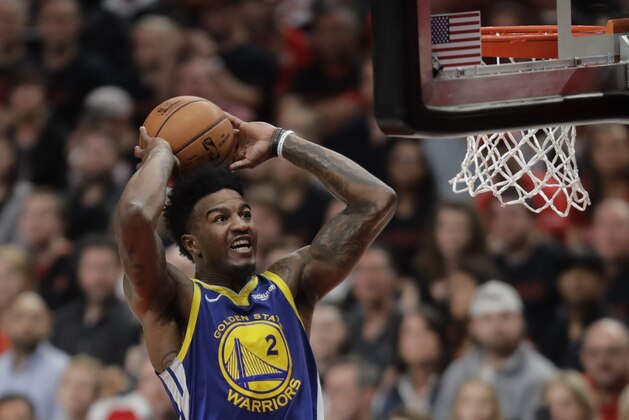 Golden State Warriors forward Jordan Bell dunks during the second half of Game 3 of the NBA basketball playoffs Western Conference finals against the Portland Trail Blazers, Saturday, May 18, 2019, in Portland, Ore. The Warriors won 110-99. (AP Photo/Ted S. Warren)