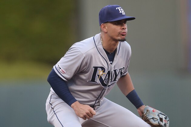 Tampa Bay Rays' Brandon Lowe plays shortstop against the Minnesota Twins in a baseball game Wednesday, June 26, 2019, in Minneapolis. (AP Photo/Jim Mone)