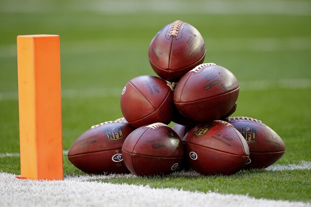 Footballs are stacked next to the pylon prior to an NFL football game between the Arizona Cardinals and the Los Angeles Rams, Sunday, Dec. 23, 2018, in Glendale, Ariz. (AP Photo/Rick Scuteri)