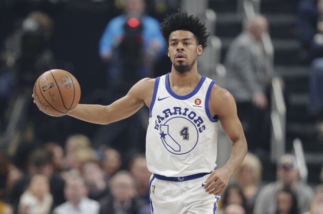 Golden State Warriors guard Quinn Cook (4) brings the ball up court against the Indiana Pacer during the first half of an NBA basketball game in Indianapolis, Thursday, April 5, 2018. (AP Photo/Michael Conroy)