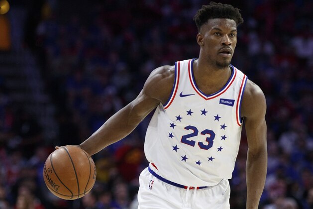 Philadelphia 76ers' Jimmy Butler in action during the second half of Game 3 of a second-round NBA basketball playoff series against the Toronto Raptors, Thursday, May 2, 2019, in Philadelphia. 76ers won 116-95. (AP Photo/Chris Szagola)