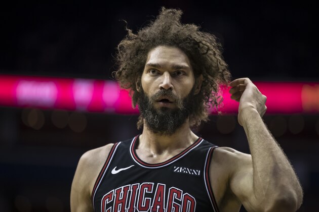 WASHINGTON, DC - APRIL 03: Robin Lopez #42 of the Chicago Bulls looks on against the Washington Wizards during the second half at Capital One Arena on April 3, 2019 in Washington, DC. NOTE TO USER: User expressly acknowledges and agrees that, by downloading and or using this photograph, User is consenting to the terms and conditions of the Getty Images License Agreement. (Photo by Scott Taetsch/Getty Images)