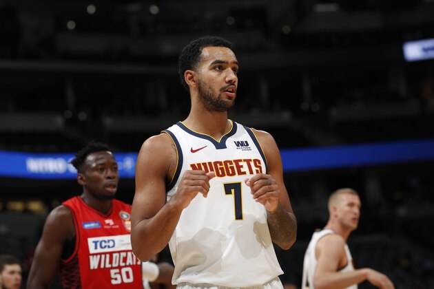Denver Nuggets forward Trey Lyles (7) in the second half of an NBA preseason basketball game Friday, Oct. 5, 2018, in Denver. The Nuggets won 96-88. (AP Photo/David Zalubowski)