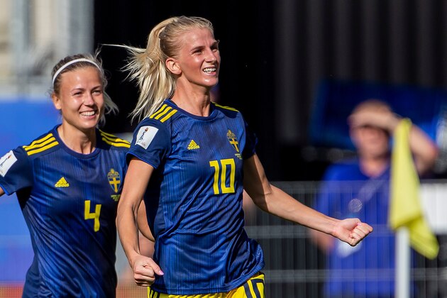 RENNES, FRANCE - JUNE 29:  Sofia Jakobsson of Sweden celebrates after scoring her team's first goal  during the 2019 FIFA Women's World Cup France Quarter Final match between Germany and Sweden at Roazhon Park on June 29, 2019 in Rennes, France. (Photo by TF-Images/Getty Images)