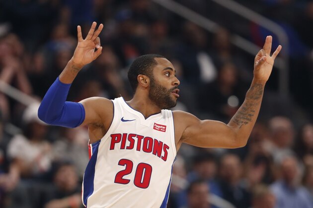 Detroit Pistons guard Wayne Ellington signals after a 3-point basket during the second half of the team's NBA basketball game against the Orlando Magic, Thursday, March 28, 2019, in Detroit. (AP Photo/Carlos Osorio)