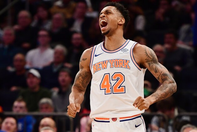 NEW YORK, NEW YORK - MARCH 17: Lance Thomas #42 of the New York Knicks reacts during the second half of the game against the Los Angeles Lakers at Madison Square Garden on March 17, 2019 in New York City. NOTE TO USER: User expressly acknowledges and agrees that, by downloading and or using this photograph, User is consenting to the terms and conditions of the Getty Images License Agreement. (Photo by Sarah Stier/Getty Images)