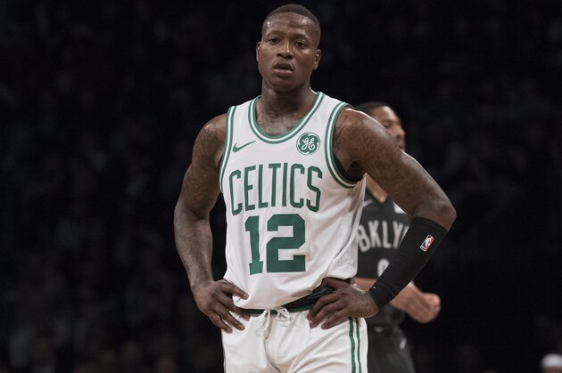 Boston Celtics guard Terry Rozier during a break in action in the first half of an NBA basketball game against the Brooklyn Nets, Saturday, March 30, 2019, in New York. (AP Photo/Mary Altaffer)