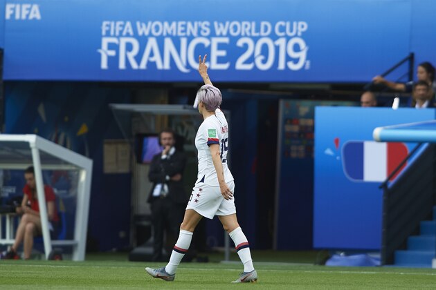 PARIS, FRANCE - JUNE 28: Megan Rapinoe of USA celebrates after scoring her team's first goal the 2019 FIFA Women's World Cup France Quarter Final match between France and USA at Parc des Princes on June 28, 2019 in Paris, France. (Photo by Quality Sport Images/Getty Images)