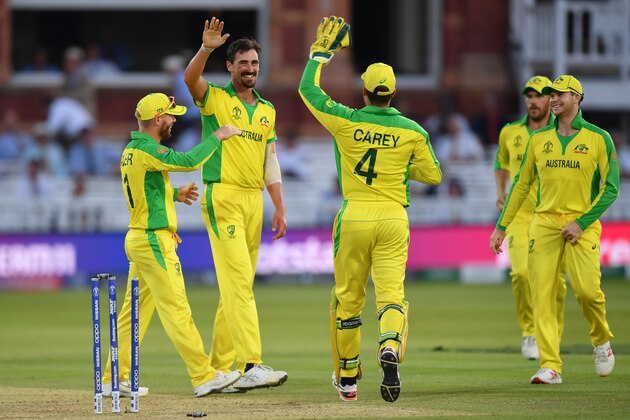 LONDON, ENGLAND - JUNE 29: Mitchell Starc of Australia is centre of attention after bowling Lockie Ferguson of New Zealand during the Group Stage match of the ICC Cricket World Cup 2019 between New Zealand and Australia at Lords on June 29, 2019 in London, England. (Photo by Mike Hewitt/Getty Images)