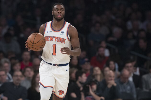 New York Knicks guard Emmanuel Mudiay handles the ball during the first half of an NBA basketball game against the Brooklyn Nets, Saturday, Dec. 8, 2018, at Madison Square Garden in New York. (AP Photo/Mary Altaffer)