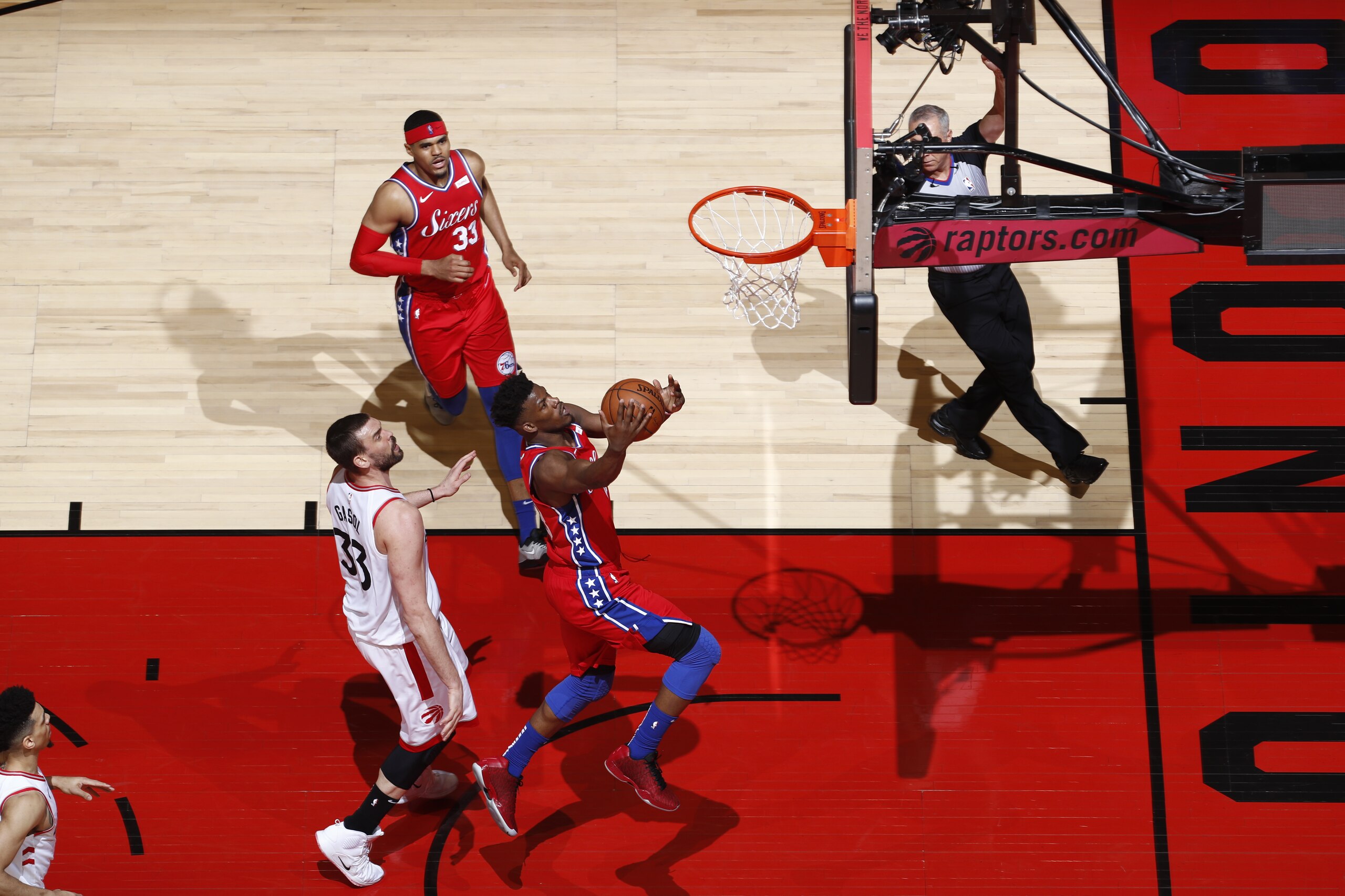 TORONTO, CANADA - MAY 12: Jimmy Butler #23 of the Philadelphia 76ers drives to the basket for shot against the Toronto Raptors during Game Seven of the Eastern Conference Semifinals of the 2019 NBA Playoffs on May 12, 2019 at the Scotiabank Arena in Toronto, Ontario, Canada.  NOTE TO USER: User expressly acknowledges and agrees that, by downloading and or using this Photograph, user is consenting to the terms and conditions of the Getty Images License Agreement.  Mandatory Copyright Notice: Copyright 2019 NBAE (Photo by Mark Blinch/NBAE via Getty Images)