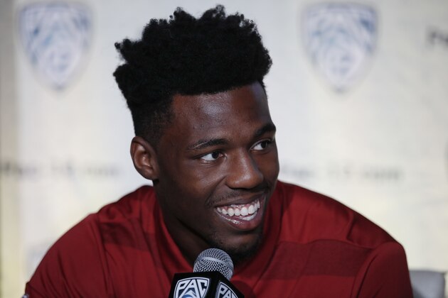 Washington State safety Jalen Thompson speaks at the Pac-12 Conference NCAA college football Media Day in Los Angeles, Wednesday, July 25, 2018. (AP Photo/Jae C. Hong)