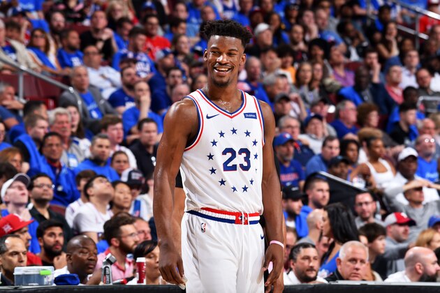 PHILADELPHIA, PA - MAY 2: Jimmy Butler #23 of the Philadelphia 76ers smiles during a game against the Toronto Raptors during Game Three of the Eastern Conference Semifinals on May 2, 2019 at the Wells Fargo Center in Philadelphia, Pennsylvania NOTE TO USER: User expressly acknowledges and agrees that, by downloading and/or using this Photograph, user is consenting to the terms and conditions of the Getty Images License Agreement. Mandatory Copyright Notice: Copyright 2019 NBAE (Photo by Jesse D. Garrabrant/NBAE via Getty Images)