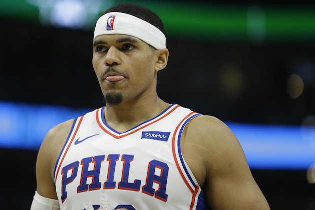 Philadelphia 76ers' Tobias Harris during the second half of an NBA basketball game against the Milwaukee Bucks Sunday, March 17, 2019, in Milwaukee. The 76ers won 130-125. (AP Photo/Aaron Gash)
