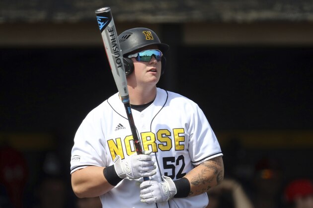 Northern Kentucky's Griffin Doersching in action during an NCAA college baseball game against UIC, Thursday, May 16, 2019, in Highland Heights, Ky. (AP Photo/Aaron Doster)